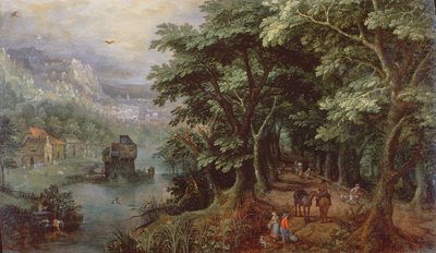 Landscape with figures in an avenue by Gillis van III Coninxloo